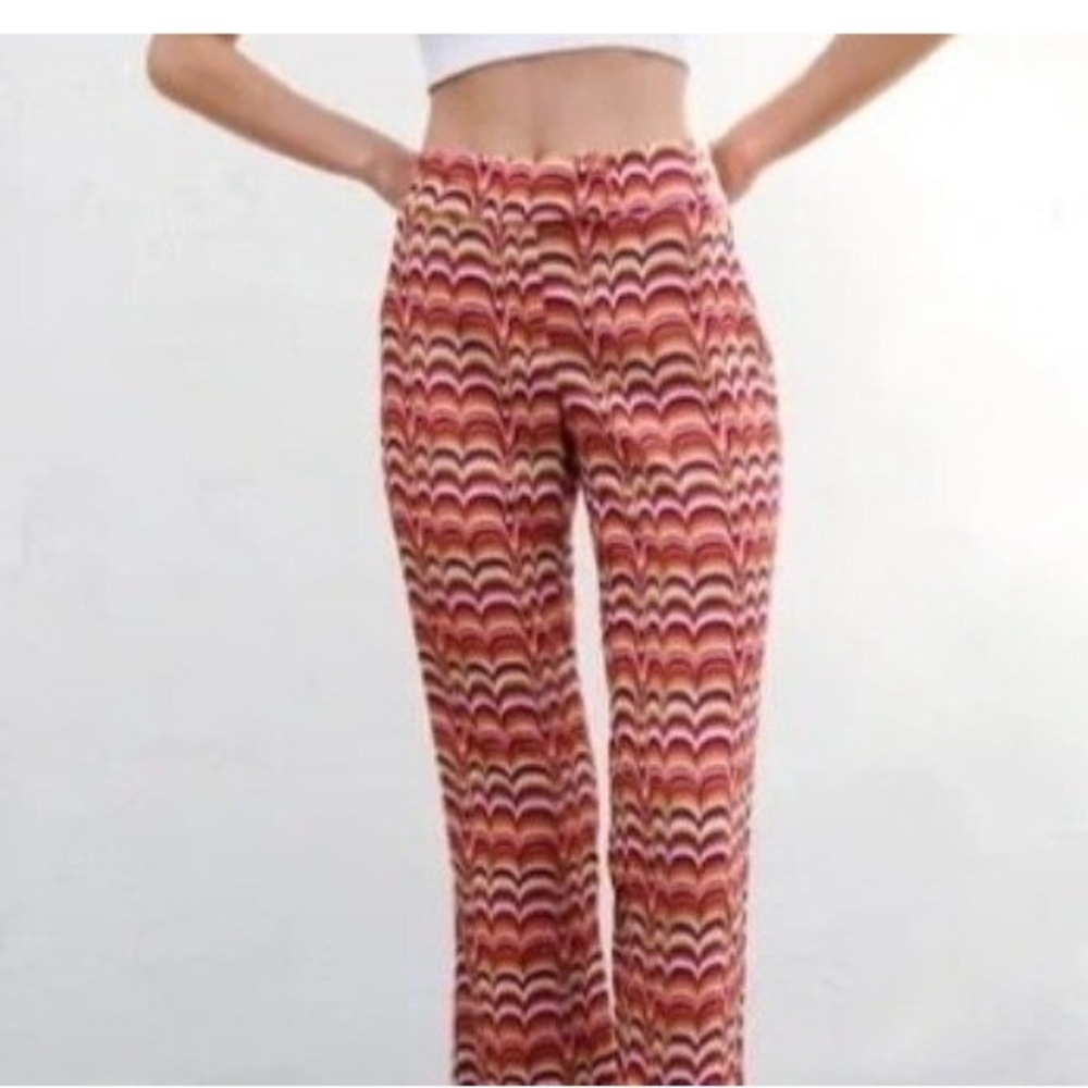 Zara Retro Psychedelic Wavy Print Linen Blend Wide Leg Pants Pink Red Medium m2